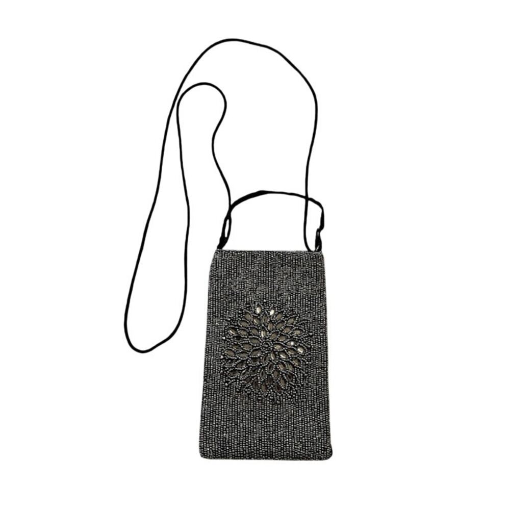 Bamboo Trading Company Beaded Phone Crossbody Bag Gray Handmade Beaded Purse